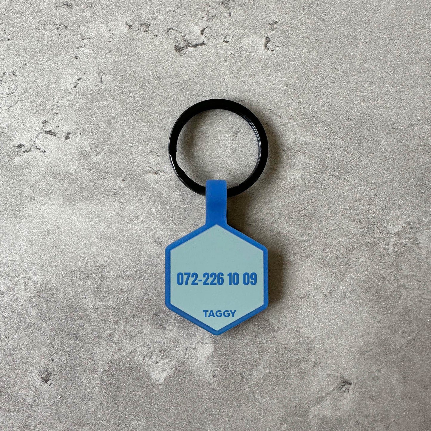 Light blue name tag for dog - Font Anton
