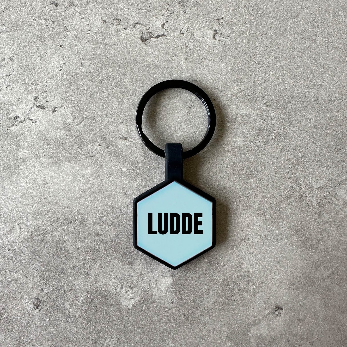 Light blue name tag for dog - Font Anton
