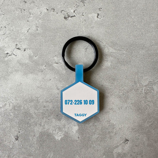 Light blue name tag for dog - Font Anton