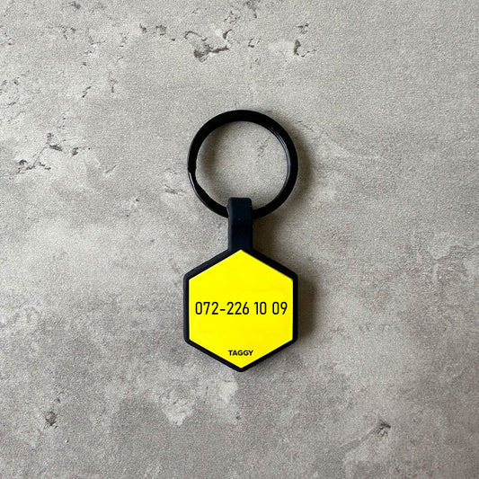 Yellow name tag for dog - Font Anton