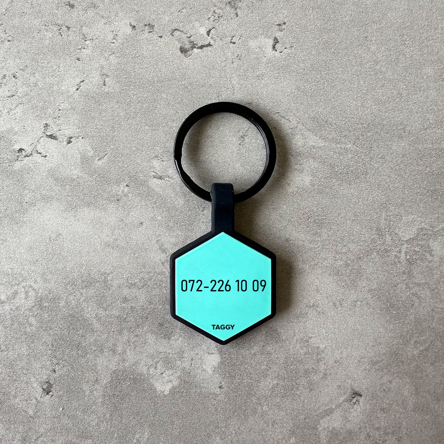 Turquoise name tag for dog - Font Anton