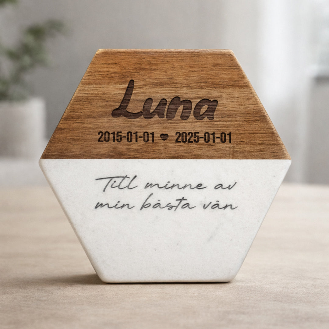 Minnesten till hund som står upp på ett bord