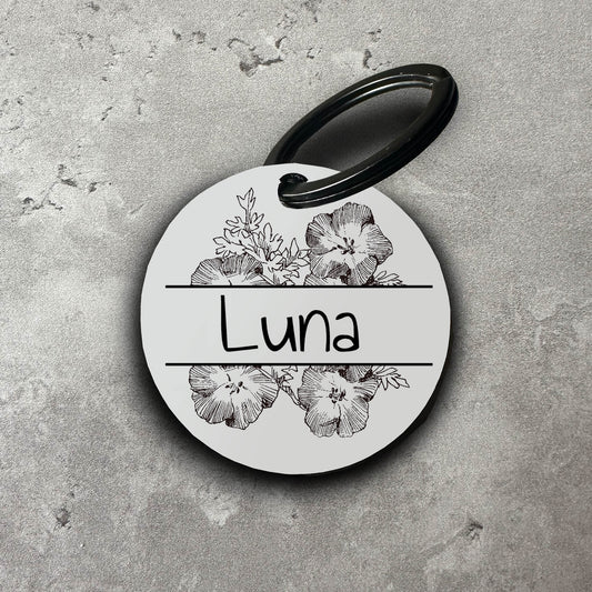 Namnbricka i akryl till hund - Motiv med blommor #4